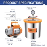 BACOENG 3 Gallon Vacuum Chamber Kit with 3.6 CFM 1 Stage Vacuum Pump, Degassing Chamber Kit with Acrylic Lid for Resin, Not for Stabilizating Wood or Making Fish Lures - Image 7