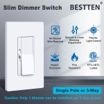 BESTTEN Super Slim Dimmer Light Switch, Quiet Rocker, Single Pole or 3 Way Dimmable Switch, Max 300W LED, CFL, 600W Incandescent, Screwless Wall Plate Included, ETL Listed, 6 Pack, White - Image 6