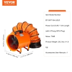 VEVOR Industrial Portable Air Blower Ventilator with Hose, 1893CFM 10 Inch Heavy Duty Tube Exhaust Fan with 16.4ft Flexible Duct, 380W High Velocity Air Mover for Extraction and Ventilation - Image 7