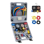 Orion Motor Tech R1234yf AC Gauge Set, 4 Way AC Gauges W Hoses R1234yf R134a Quick Couplers Self Sealing Can Tap for Freon Charging, AC Gauge Kit for R1234yf R134a R404a, 4 Valve Manifold Gauge Set