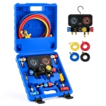 Orion Motor Tech AC Gauges, 4 Way Manifold Gauge Set for R1234yf R134a R404a Refrigerant, Automotive Gauge Set with Hoses Quick Couplers Self Sealing Can Taps for Car Freon Charging & Evacuation