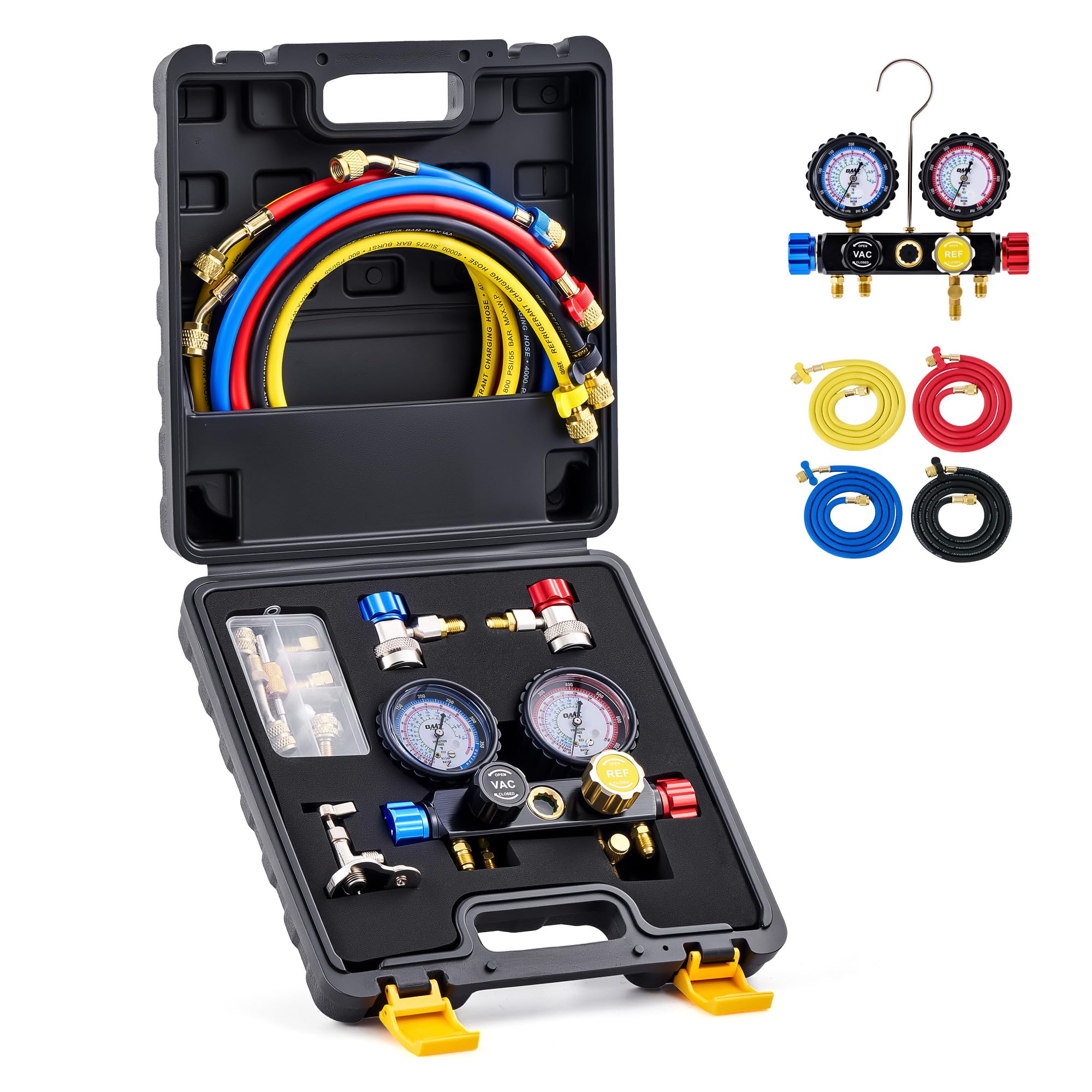 81ZsEvkMvEL Orion Motor Tech 4 Way AC Gauge Set for R410a R22 R134a Refrigerant, 4 Valve Automotive AC Manifold with 5ft Hoses, R410a Adapters, Can Tap - Image 1