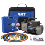 Orion Motor Tech A2L AC Vacuum Pump and Gauge Set, 5 cfm 2 Stage Sparkless Ignition Proof Vacuum Pump for R1234yf R32 R134a R410A System, with 4 Way AC Gauges Quick Couplers Thermometer Can Taps Hoses